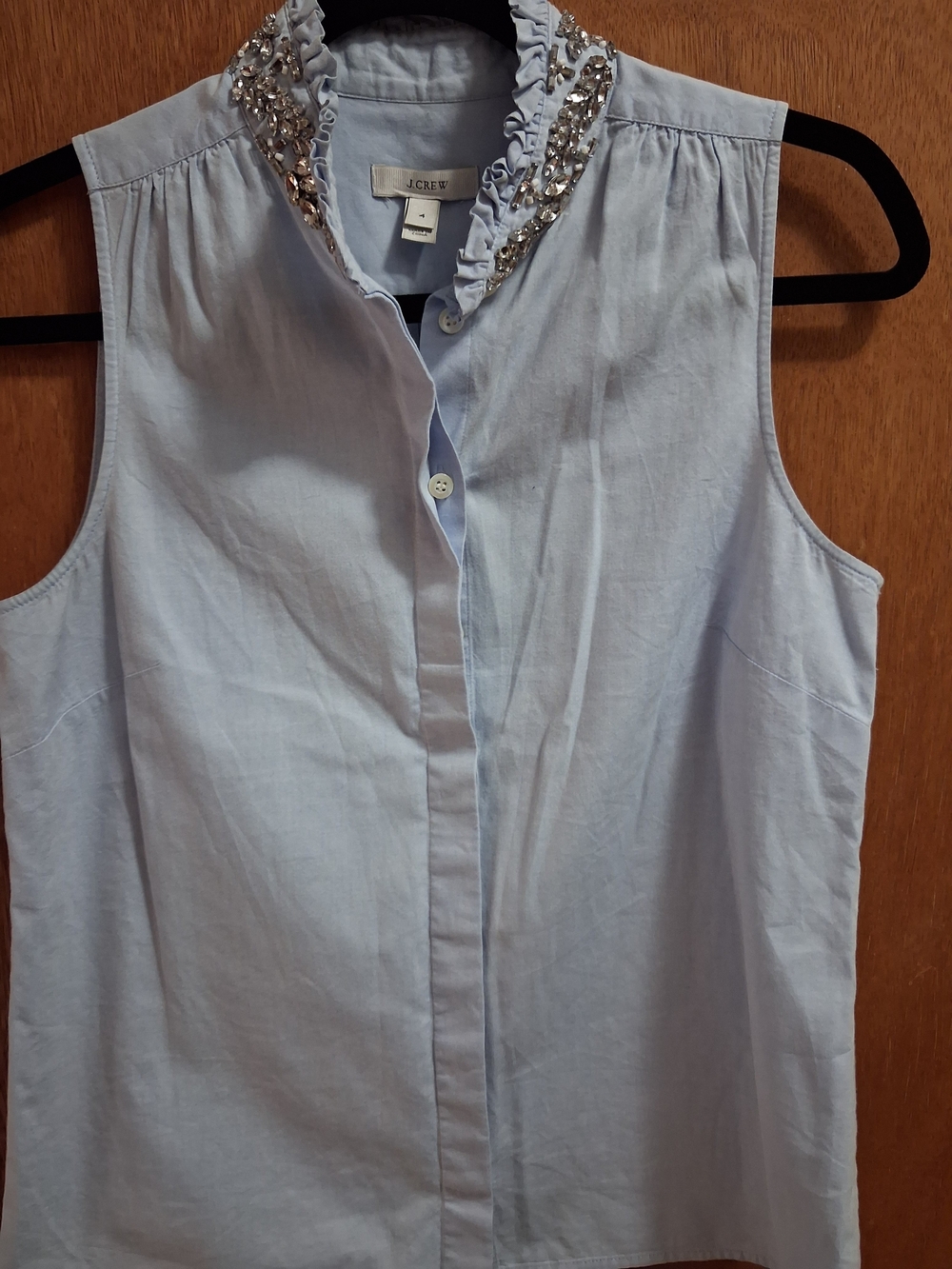 J. Crew Light Blue Sleeveless Button-Down Top with Ruffle and Embellished Collar